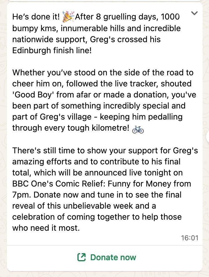 The celebration message. Every supporter is thanked as part of Greg's village, with one last chance to add to the total before the live reveal on BBC One.
