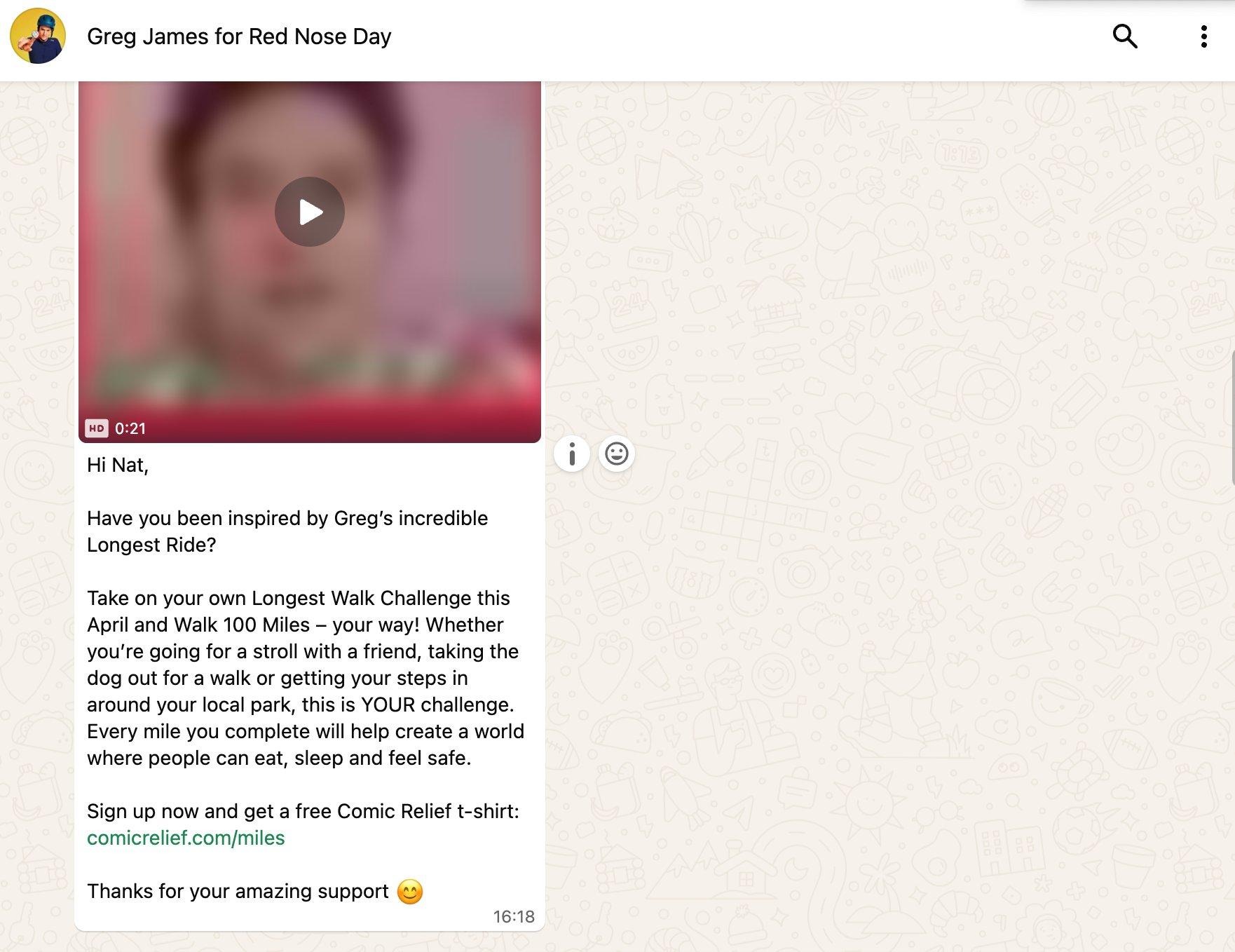 Personalised WhatsApp follow-up inviting supporters to the Longest Walk challenge