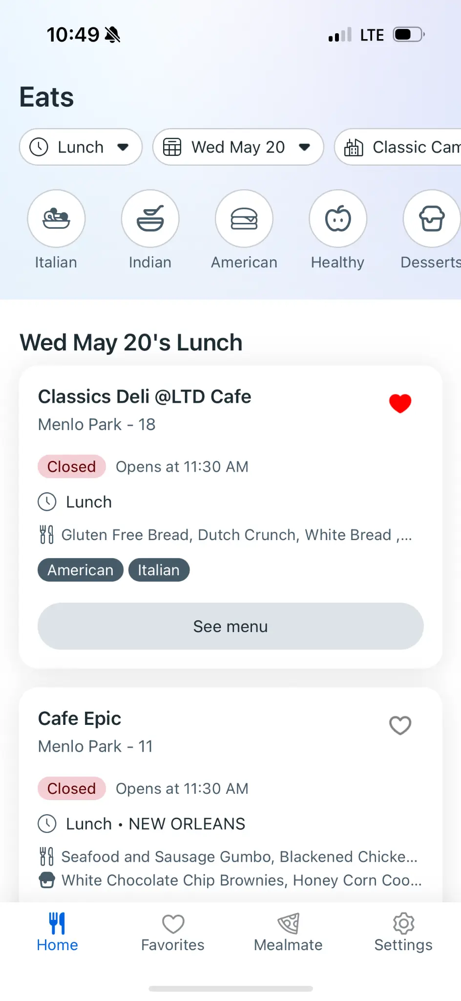 Campus Eats in-app home screen showing lunch menu