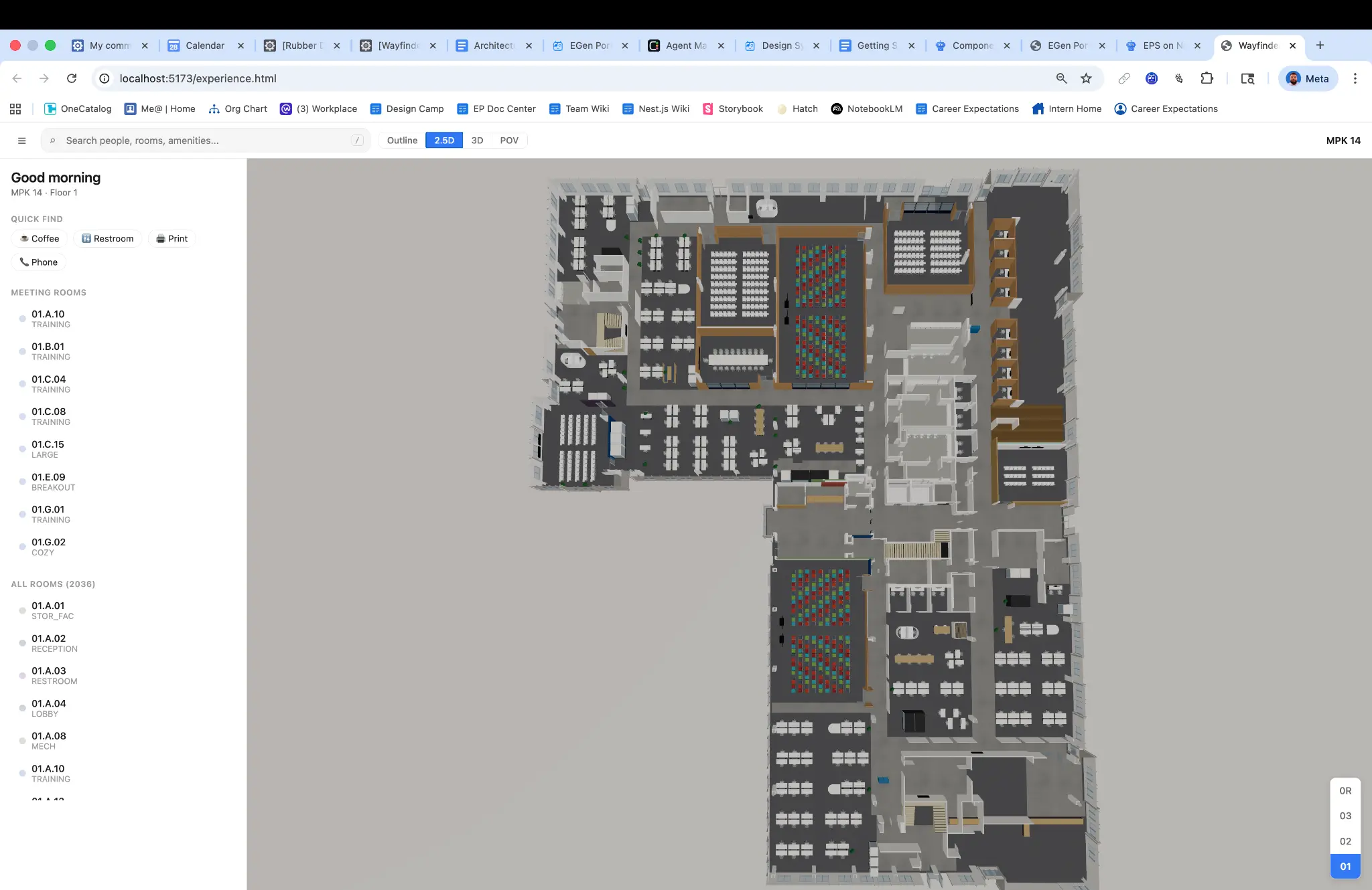 2.5D floor view with room list sidebar