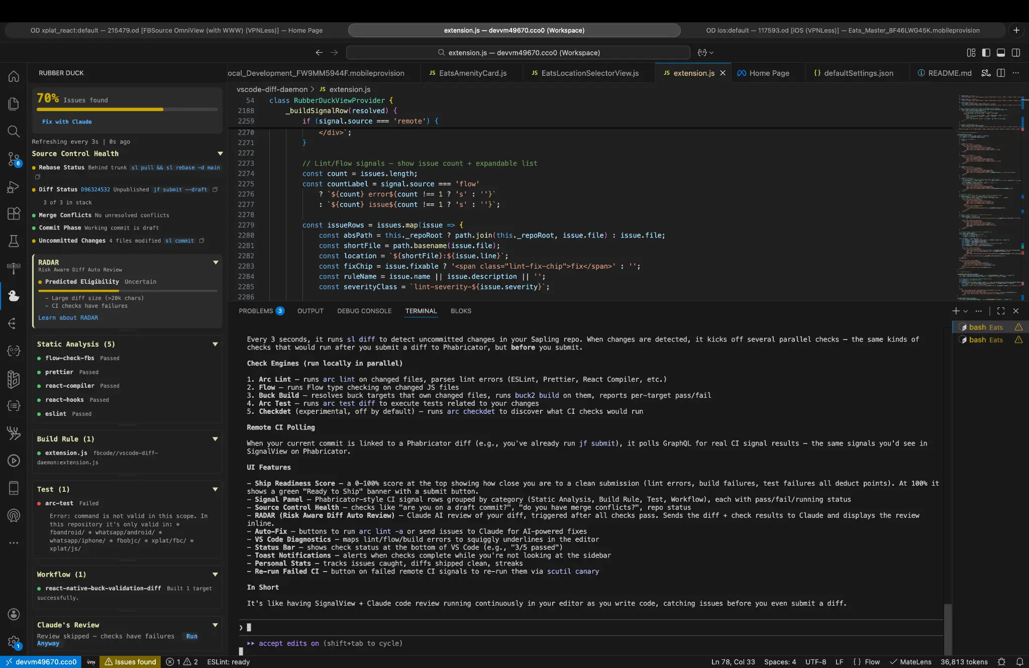 Rubber Duck VS Code extension — full sidebar with Ship Score, CI signals, and Claude review