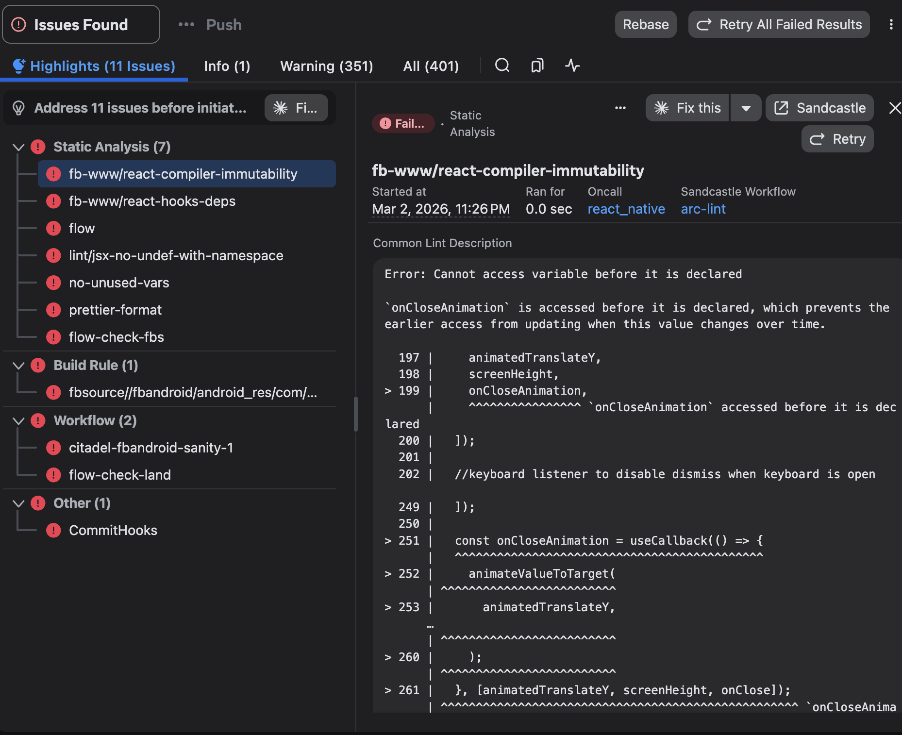 CI issues panel showing lint and build failures pre-submission