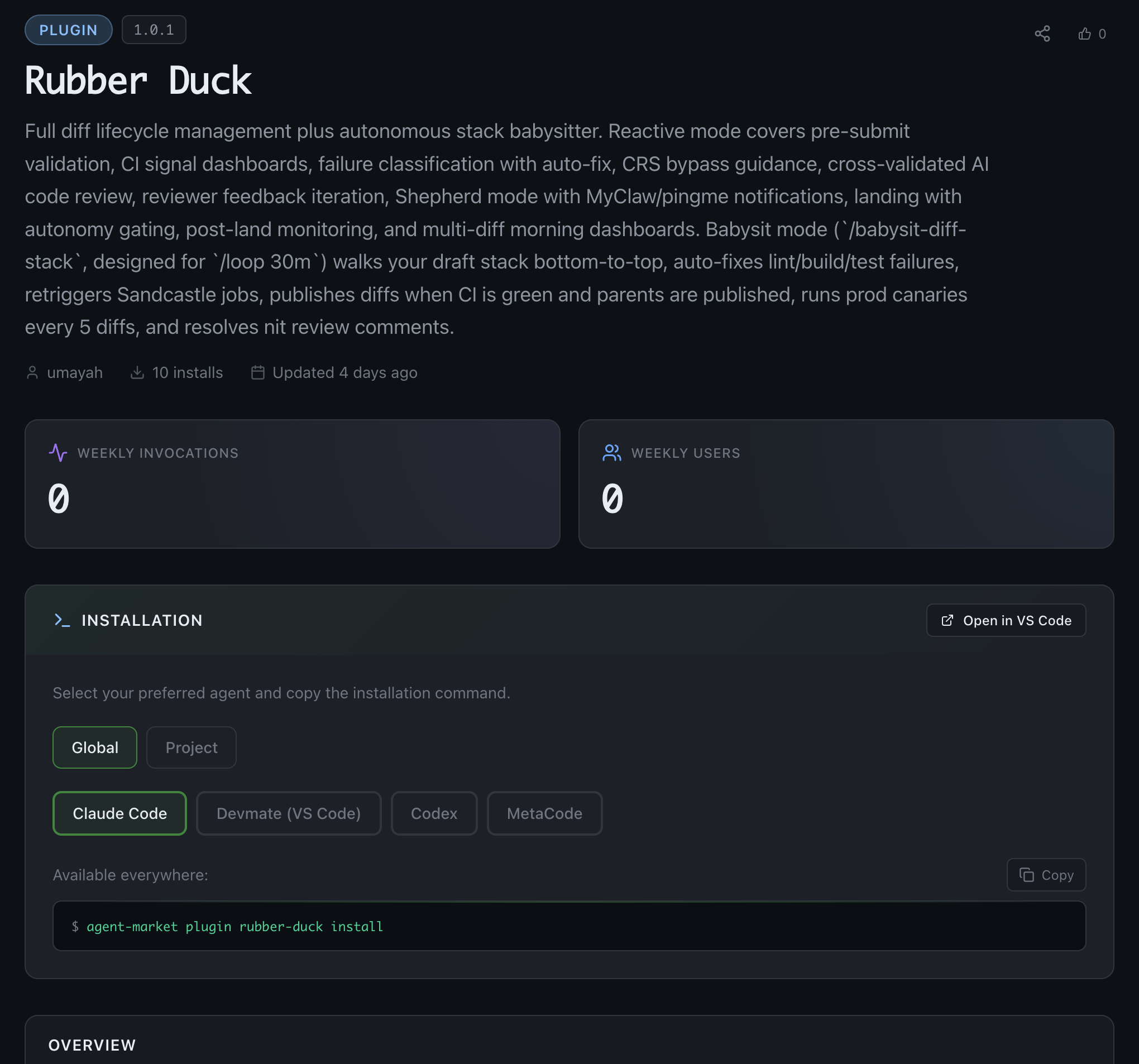 Rubber Duck on the agent marketplace — plugin listing v1.0.1