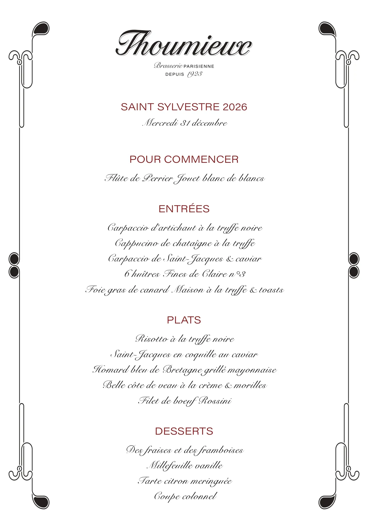 Menu du réveillon Saint-Sylvestre 2026 au restaurant Thoumieux avec apéritif, entrées, plats et desserts détaillés.