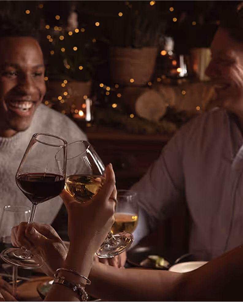 Friends toasting in restaurant with christmas decor, captured at Neighbourhood — a refined christmas restaurant kildare experience in County Kildare.