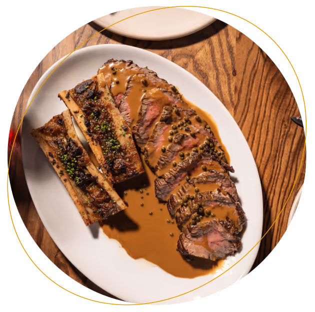 Chargrilled chateaubriand steak on plate within Neighbourhood’s award-winning fine dining setting in Naas.