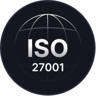 ISO 27001 certification emblem with a globe outline on a dark circular background.