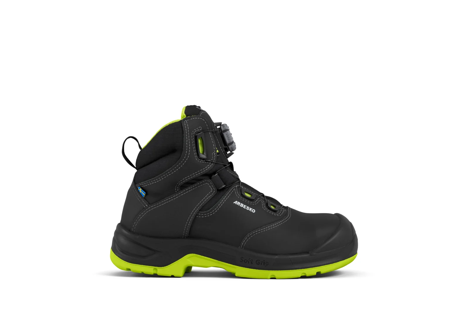 The Arbesko Umeå 949 safety boot in black leather with a lime green sole, seen from the side.