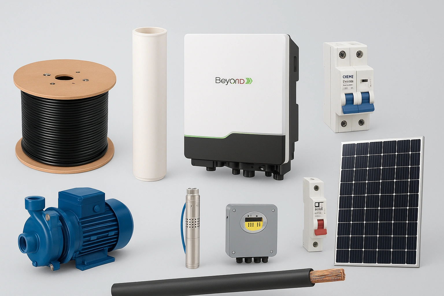 Varios equipos de energía solar, incluyendo una bomba, cables y un cordón de alimentación.