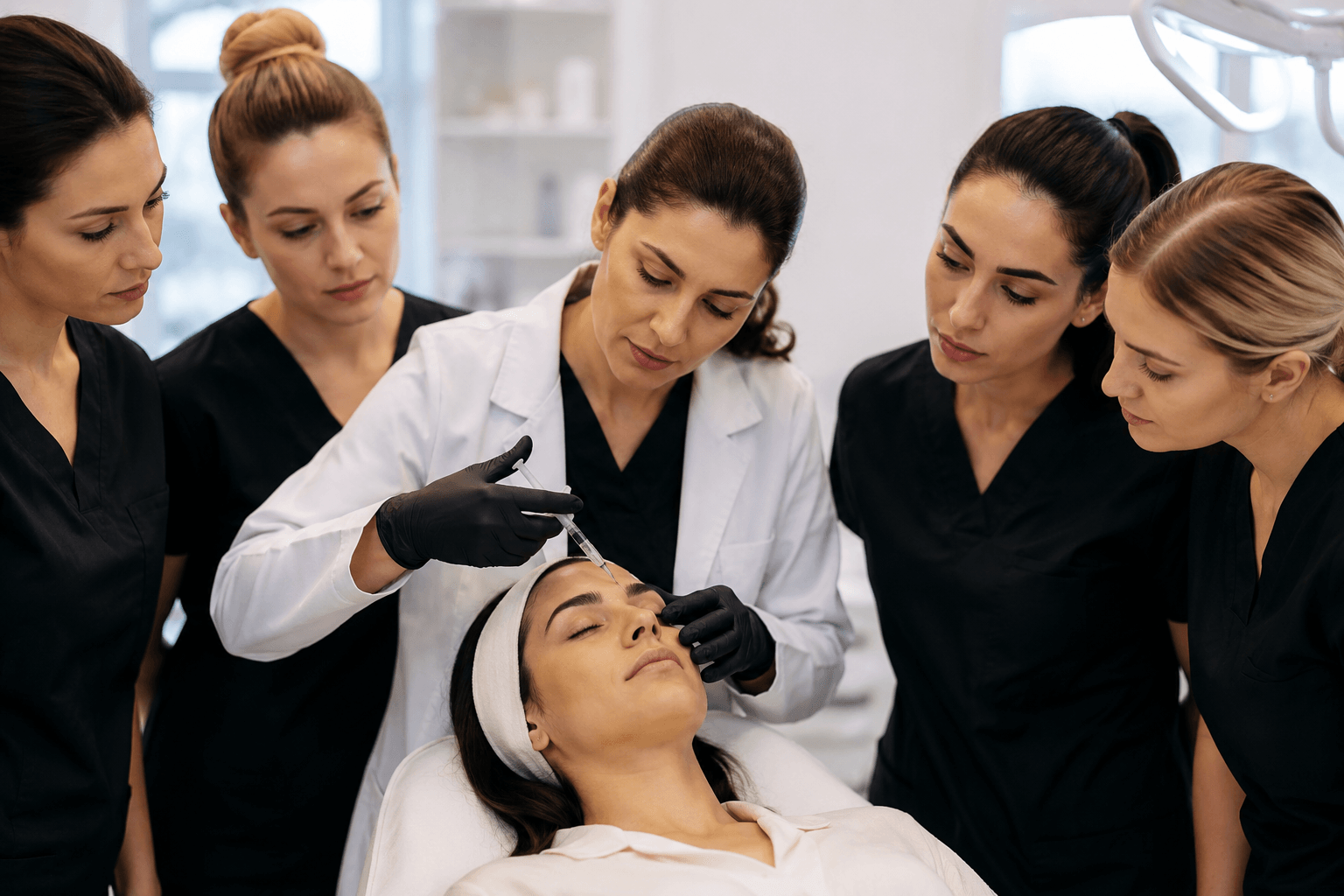 Healthcare professionals participating in hands-on cosmetic training for facial rejuvenation techniques at My Elite Academy in Topsfield, Massachusetts.