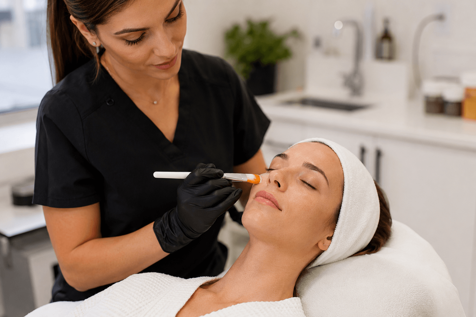 Aesthetic professional performing a chemical peel treatment during hands-on training in Topsfield, Massachusetts