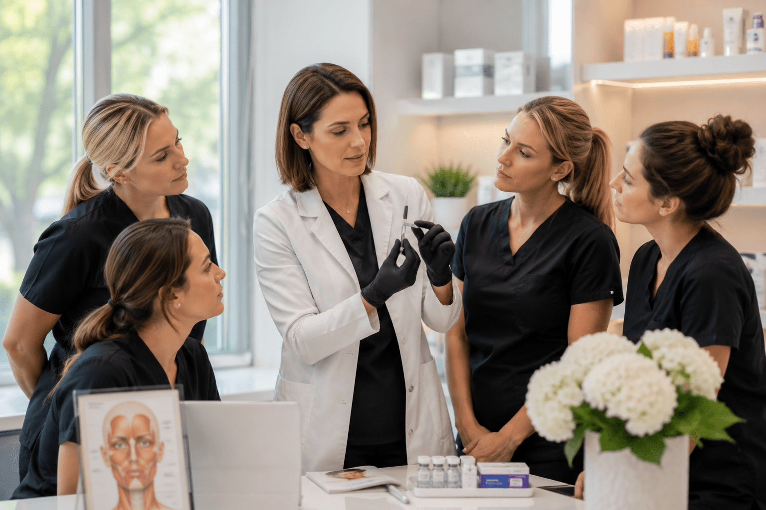 Nurse practitioner learning injectable techniques during aesthetic medicine training in Needham, Massachusetts