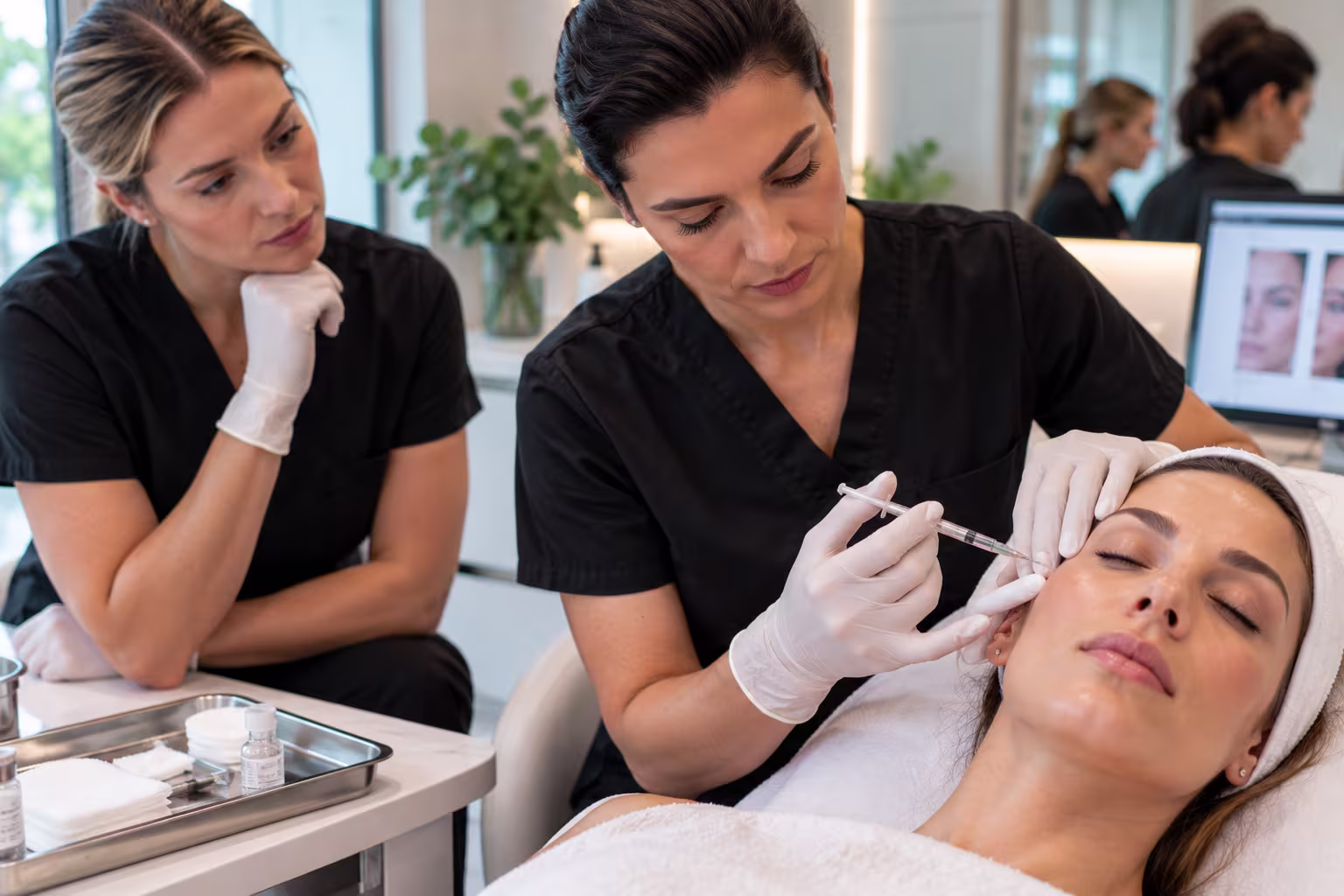 Aesthetic professional practicing injectable technique during cosmetic training in Topsfield, Massachusetts