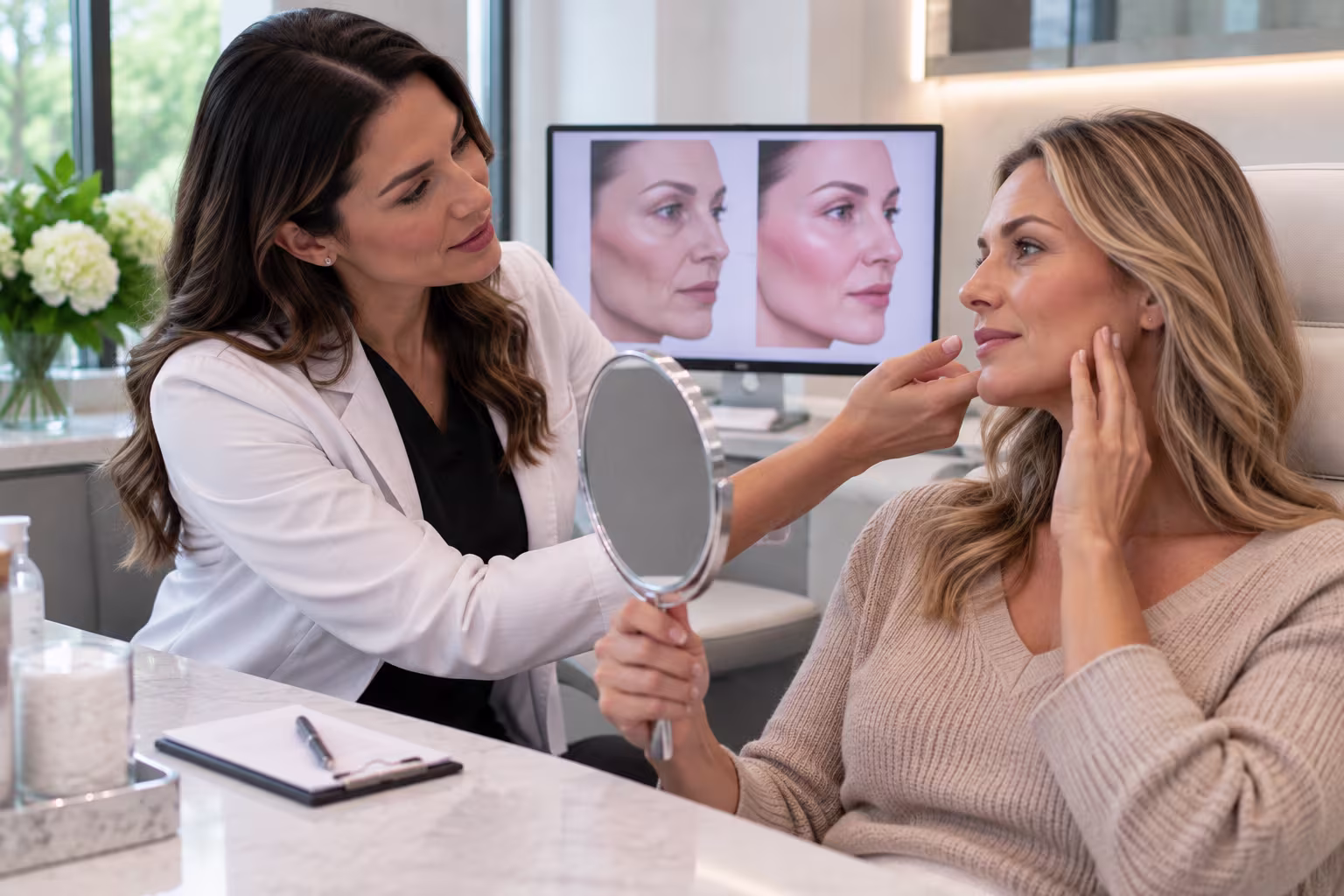 Before and after facial volume restoration example related to Sculptra training in Needham, Massachusetts