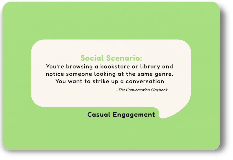 Flashcard example for how to strike up a conversation in a bookstore or library by noticing shared interests, offering various conversation topics and ways to talk to people. (front side)