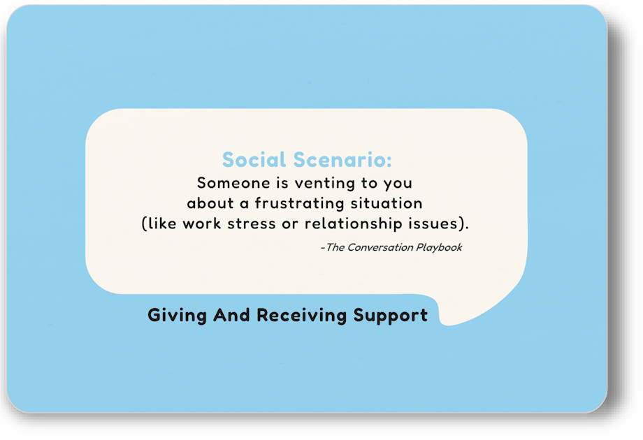 Flashcard example for responding to someone discouraged about fitness progress, offering confident, authentic, empathetic, humorous, and positive ways to offer support and keep a conversation going. (Front side)