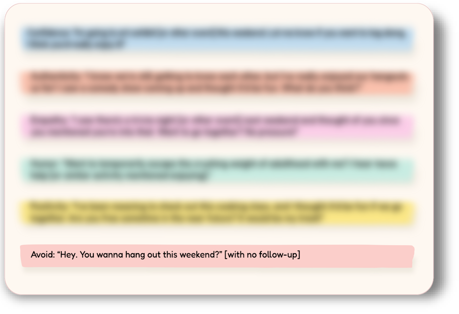 Flashcard example showing a social scenario on how to invite someone to hang out, with a response to avoid to help you talk to people.