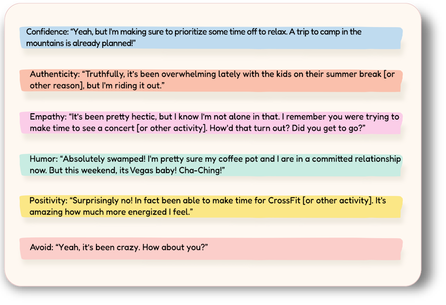 Flashcard example addressing the common "Where are you from?" question, offering various ways to respond confidently, authentically, empathetically, humorously, and positively to get to know someone. (Back side)
