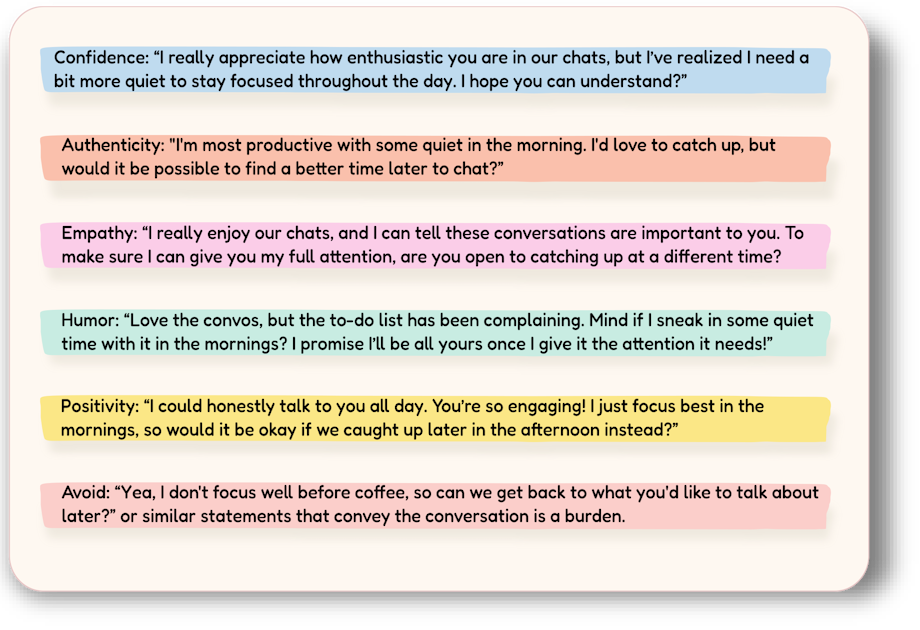 Flashcard example for setting boundaries with a chatty acquaintance at work, providing confident, authentic, empathetic, humorous, and positive response options on how to talk to people. (Back side)