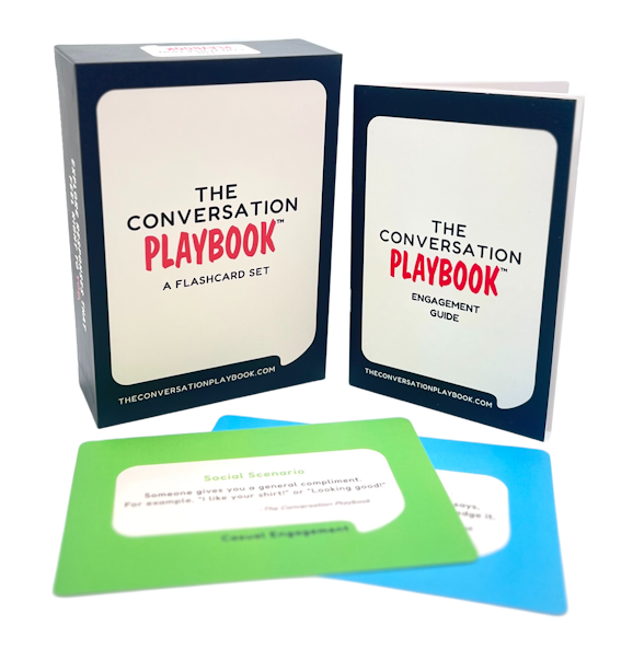 The Conversation Playbook: A box of social skills conversation cards for adults, showing example flashcards to help you keep a conversation going and learn how to make friend.