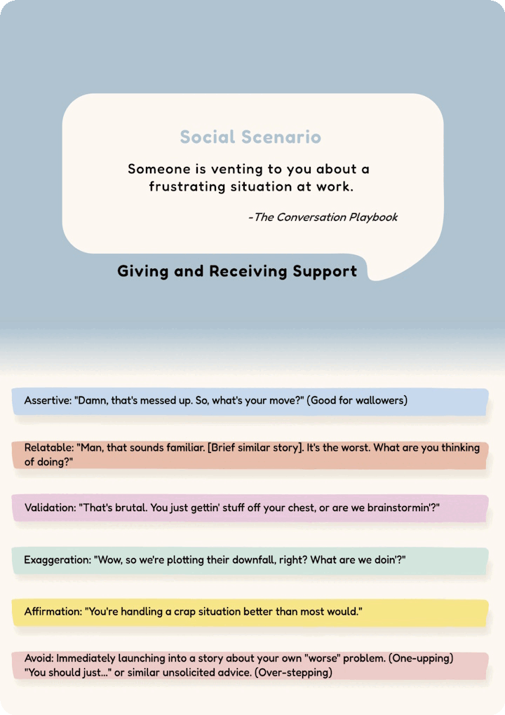 Example "card" showing a scenario of how to handle someone venting at work.