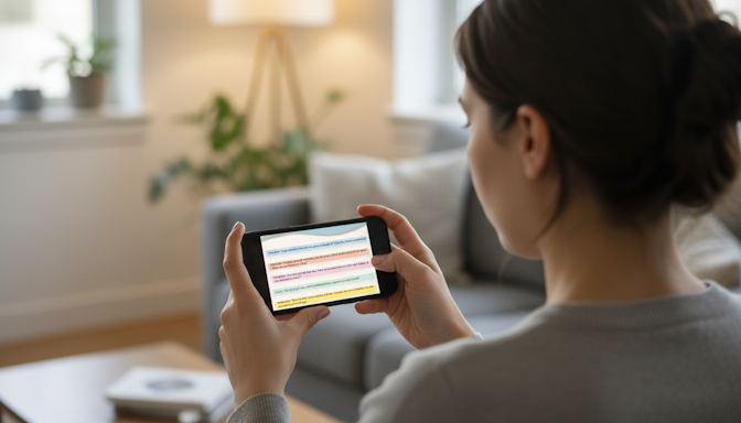 A woman sitting in her living room, looking at one of the conversation playbook cards on her phone.