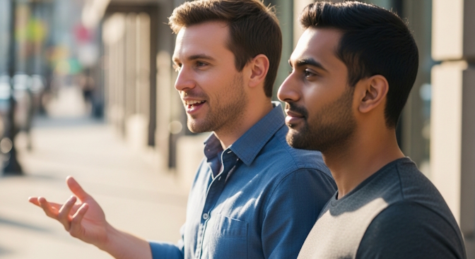 Two guys talking to a third off-screen