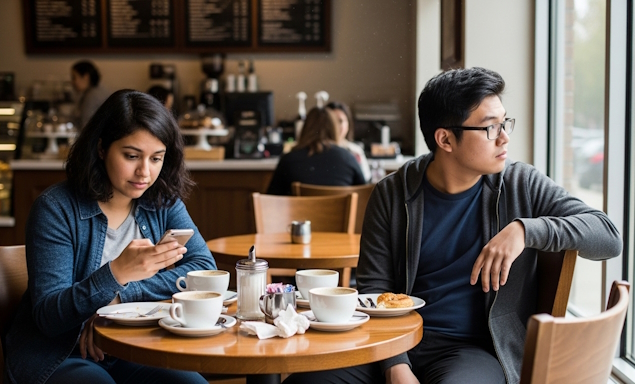 A guy and a girl awkwardly sitting together quietly after their friend left.