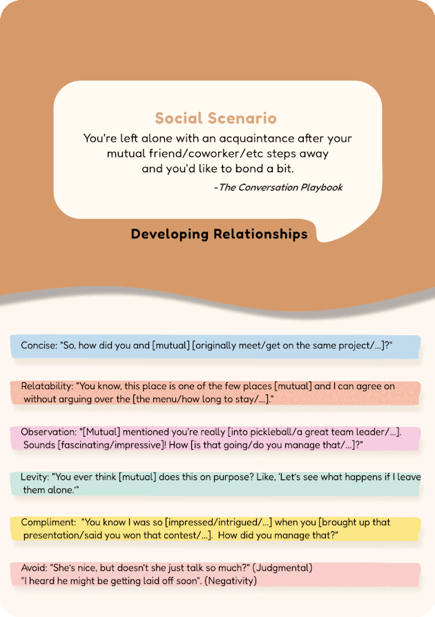 A picture of an example card from the guide explaining what to say when a mutual friend steps away for a bit.