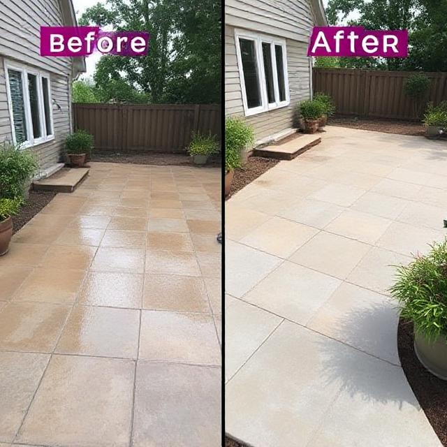 Before and after photos showing restored clean cement patio surface after professional cleaning