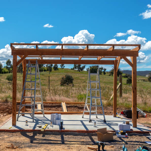 Partially built patio cover with wood framing highlighting structural details and design