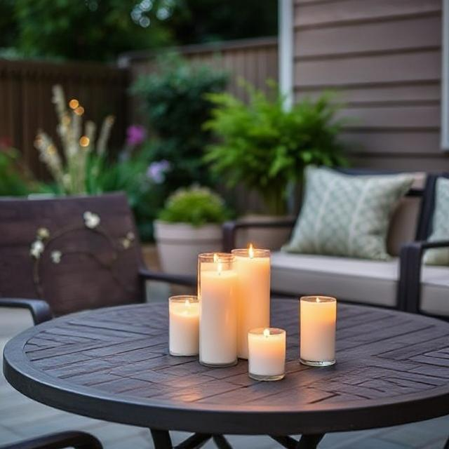Outdoor patio with citronella candles placed to keep wasps away from patio zones