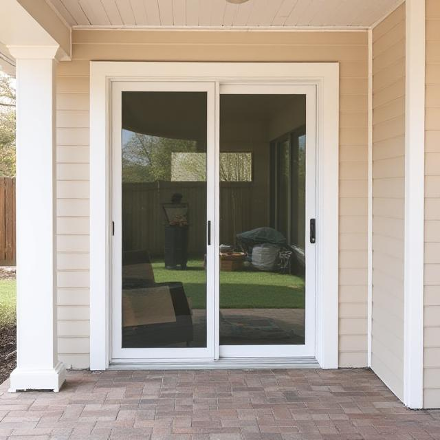 Wide shot of outdoor patio with sliding patio door removed, ready for new installation