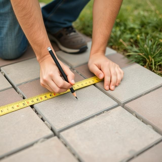 Person marking a paver before cutting with a pencil and measuring tape
