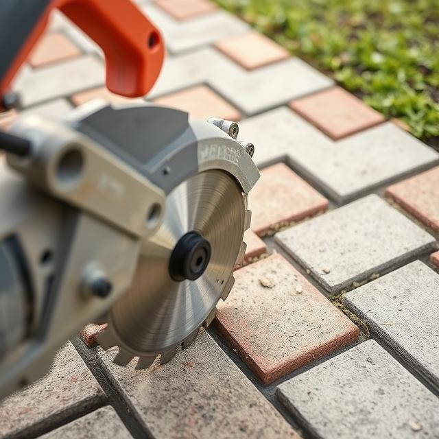 Close-up of diamond blade saw cutting through concrete pavers for patio installation