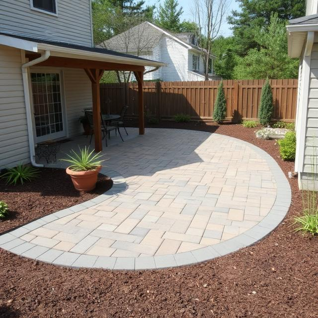 Finished patio area with pavers laid on dirt
