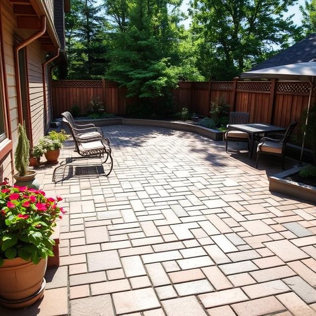 Newly installed paver patio shining under sunlight