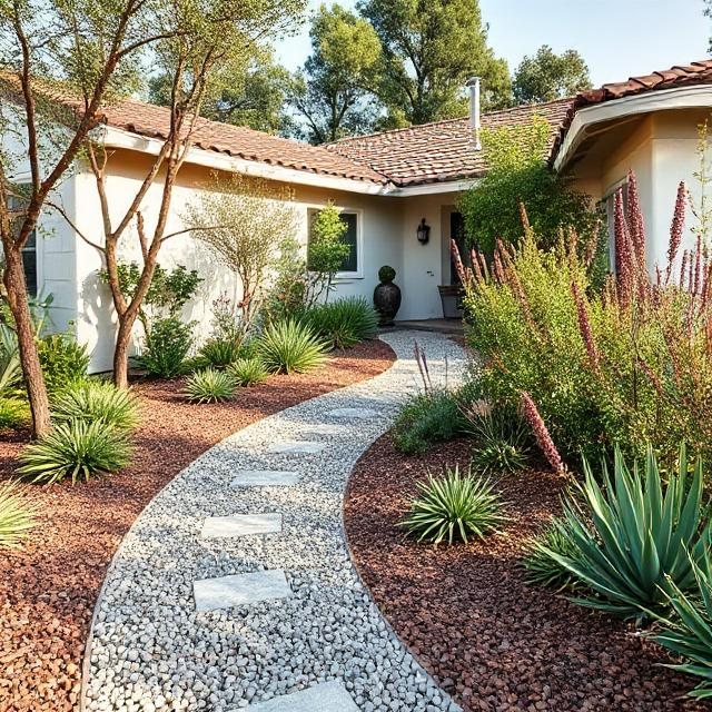 California home with gravel walkway and non-combustible plants in a zone 0 landscaping design