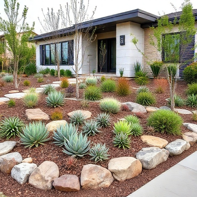 Fire-safe landscaping zone 0 featuring succulents, stone borders, and clear defensible space around a modern house