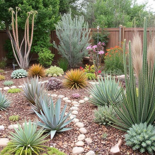 Backyard garden with fire resistant plants zone 0 including agave and manzanita