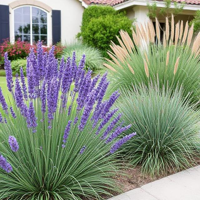 California front yard featuring lavender and deer grass as zone 0 fire resistant landscaping options