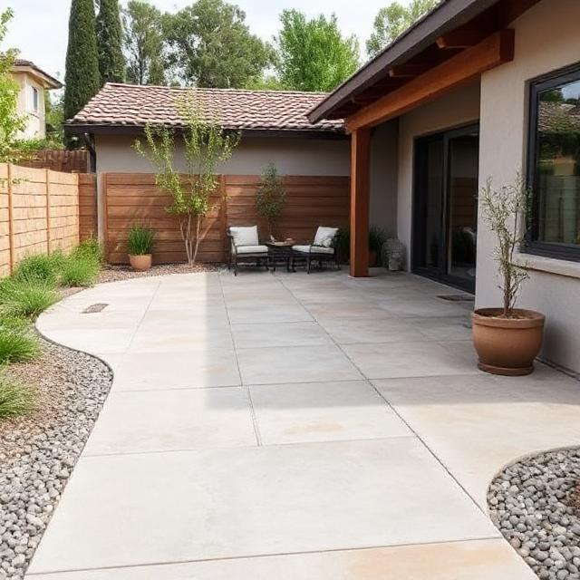 Concrete patio with gravel borders showcasing non-combustible materials zone 0 near a modern California home