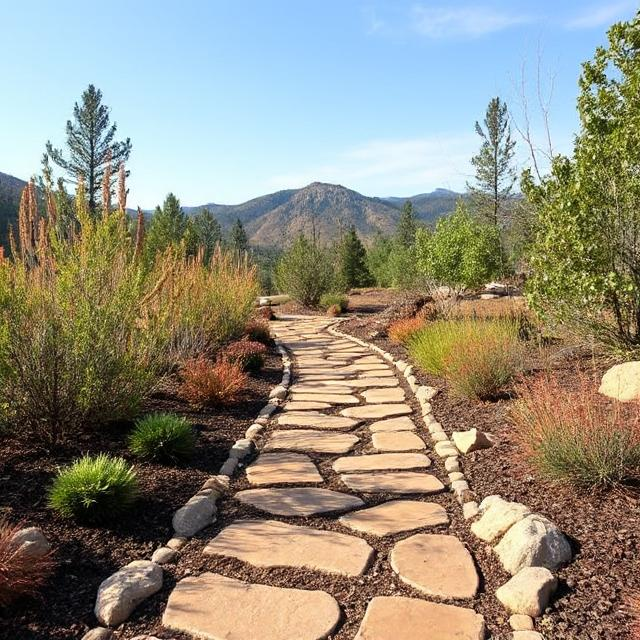 Stone pathway designed for ember resistant zone 0 landscaping around a wildfire-prone property