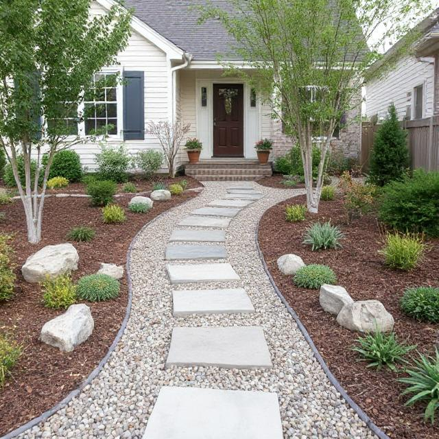 Front yard redesigned to meet zone 0 defensible space regulations with stone pathways and gravel