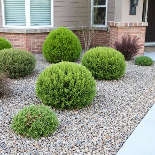 Ember safe zone 0 landscaping with trimmed shrubs and gravel pathways near the foundation