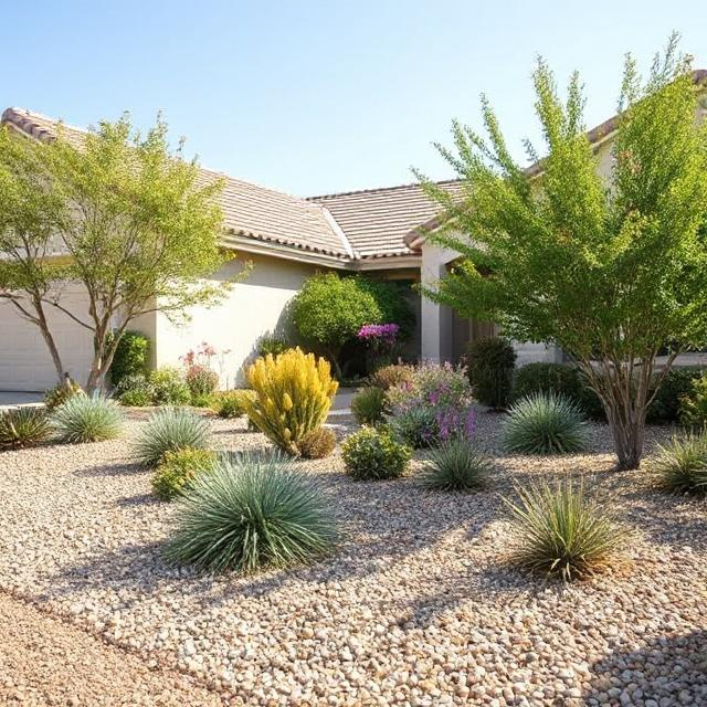 Inland California property showing drought-tolerant plants and gravel for zone 0 landscaping protection