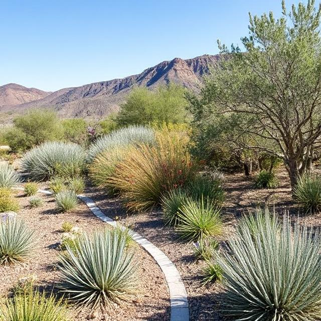 Inland zone 0 landscaping with drip irrigation and native plants adapted to hot climates