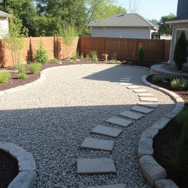 Backyard with gravel pathways and stone borders as affordable zone 0 upgrades for fire safety