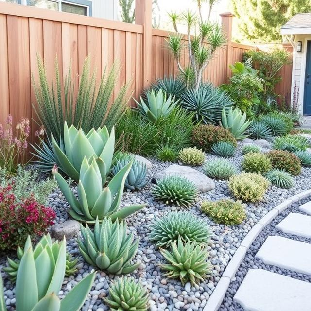 Budget zone 0 landscaping featuring succulents and drought-resistant plants in a California home garden