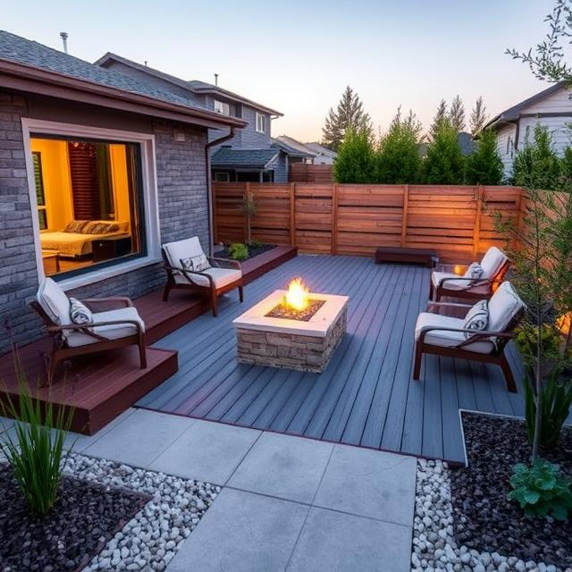 Modern backyard featuring fire safe zone 0 decks with composite materials and gravel borders